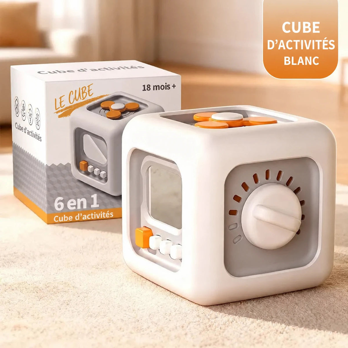 Busy Cube blanc, cube d'activités 6 en 1, devant sa boîte