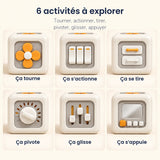 Les 6 activités du Busy Cube : tourner, actionner, tirer, pivoter, glisser, appuyer