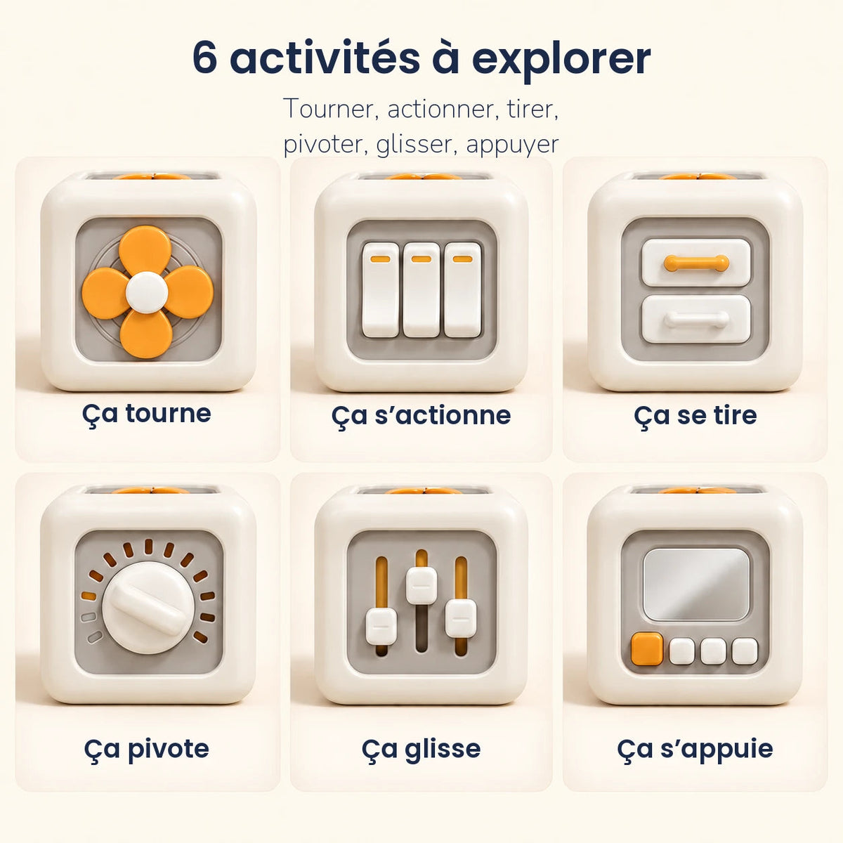 Les 6 activités du Busy Cube : tourner, actionner, tirer, pivoter, glisser, appuyer
