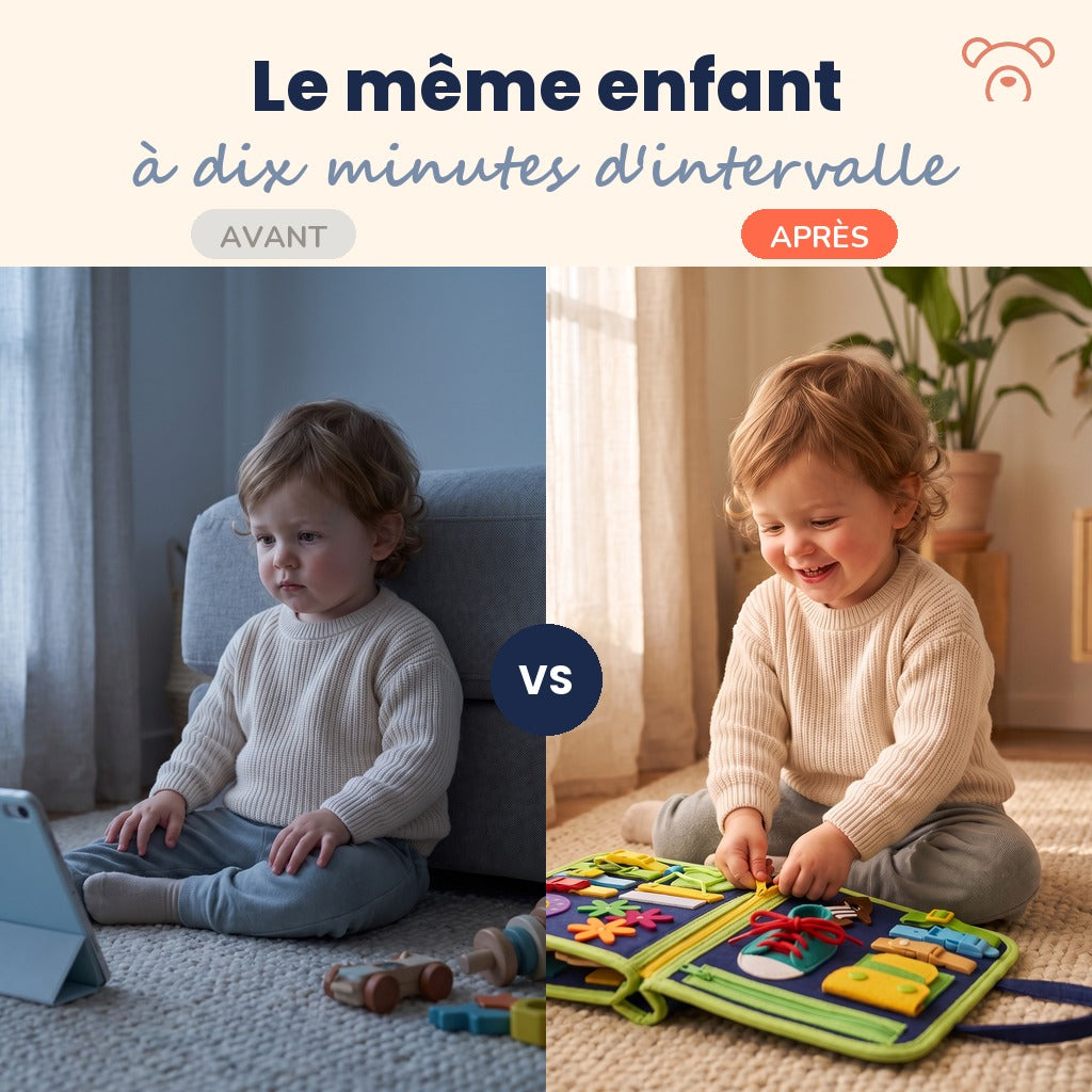 Enfant devant un écran, puis concentré sur son busy board en feutre