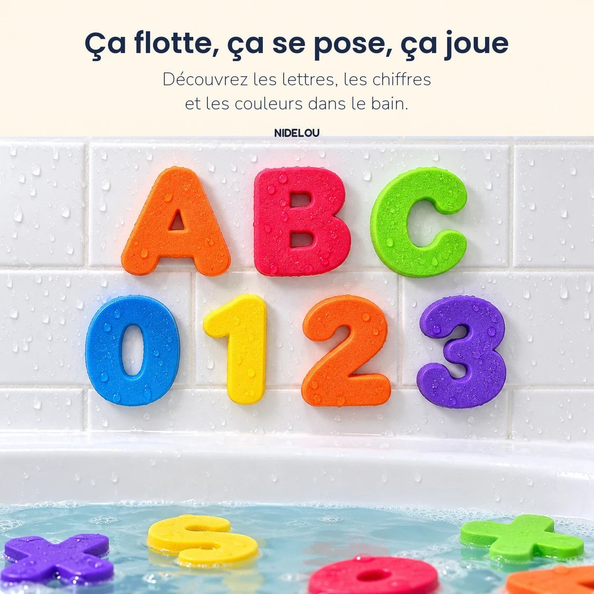Lettres et chiffres en mousse qui flottent et se collent au carrelage mouillé