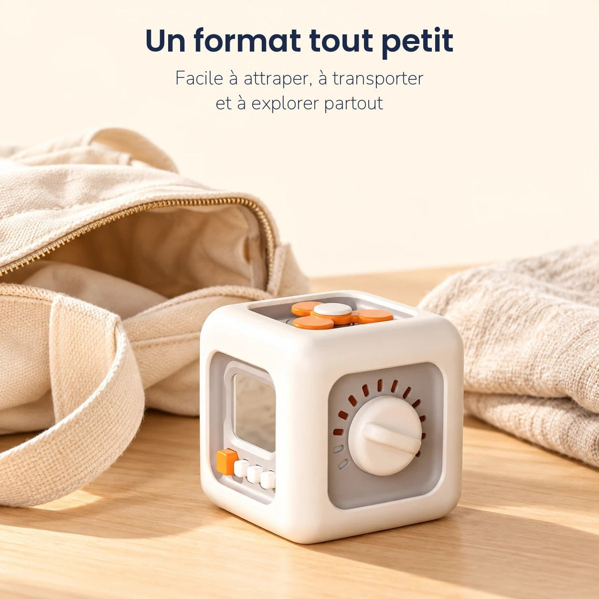 Busy Cube posé à côté d'un sac, un format facile à emporter