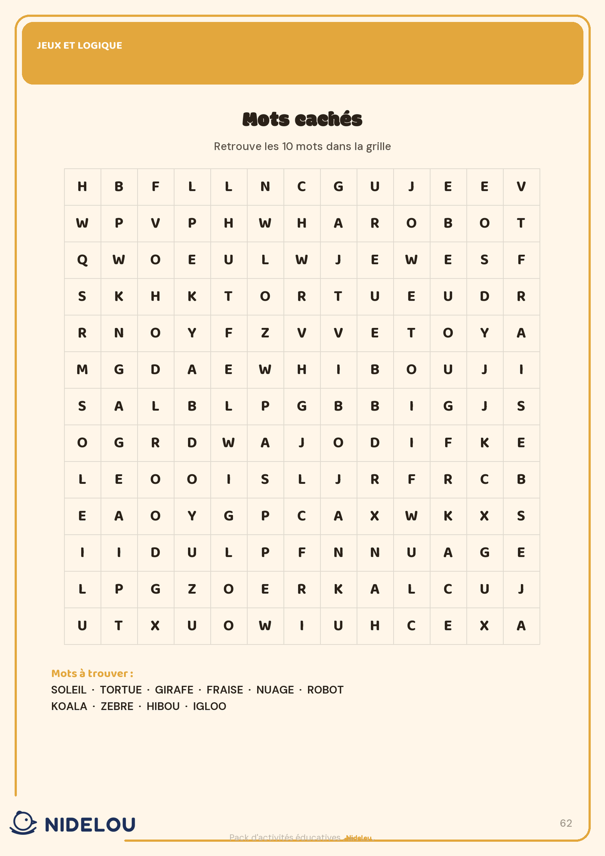 Page de mots cachés pour enfant