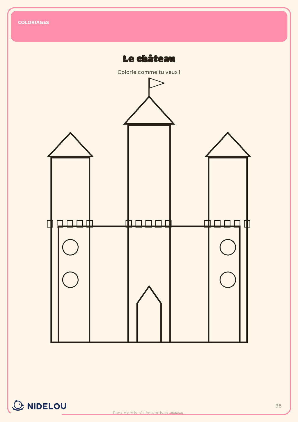 Page de coloriage avec un château