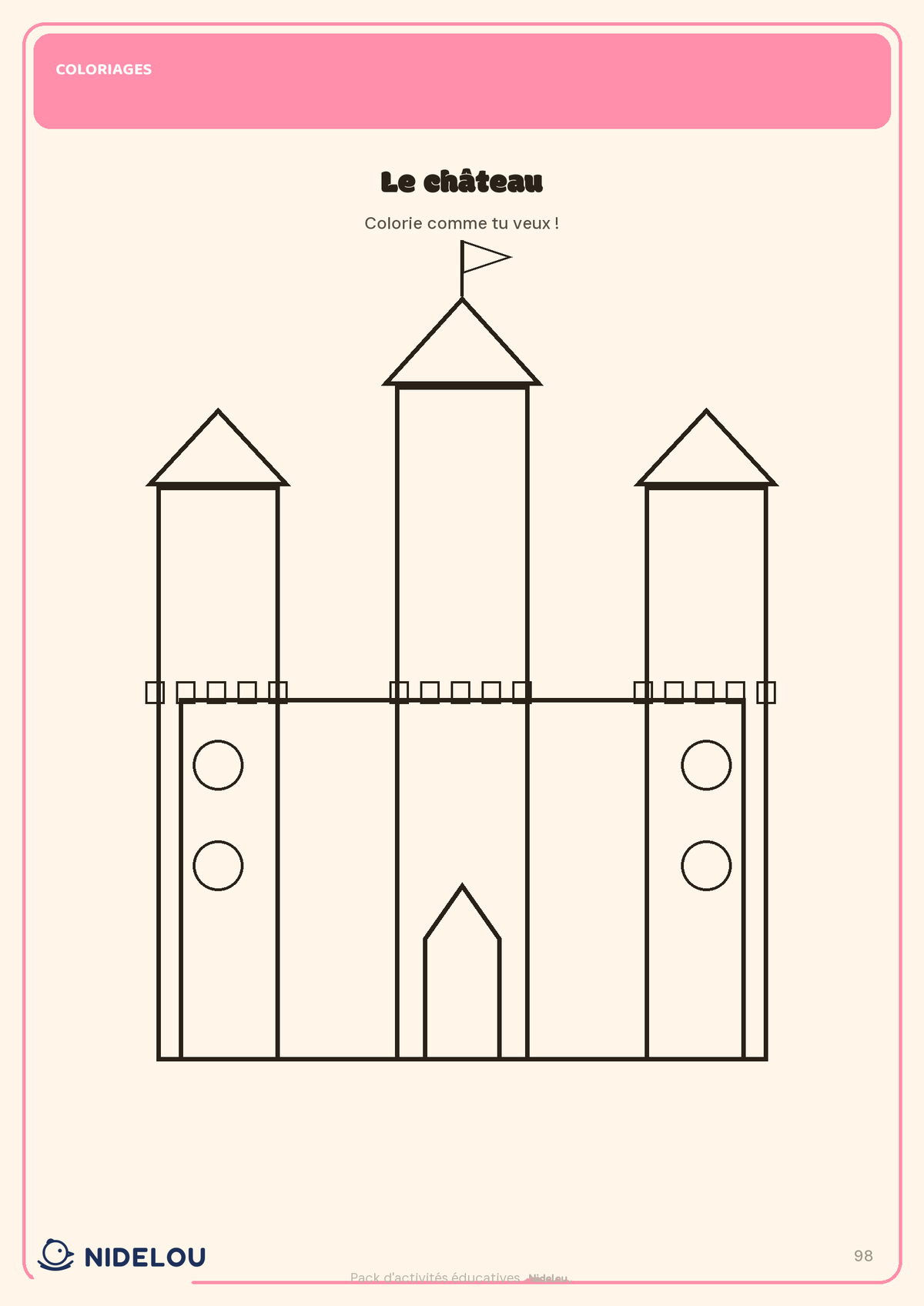 Page de coloriage avec un château
