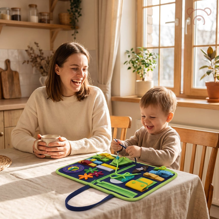 Une mère boit son café pendant que son fils joue au busy board