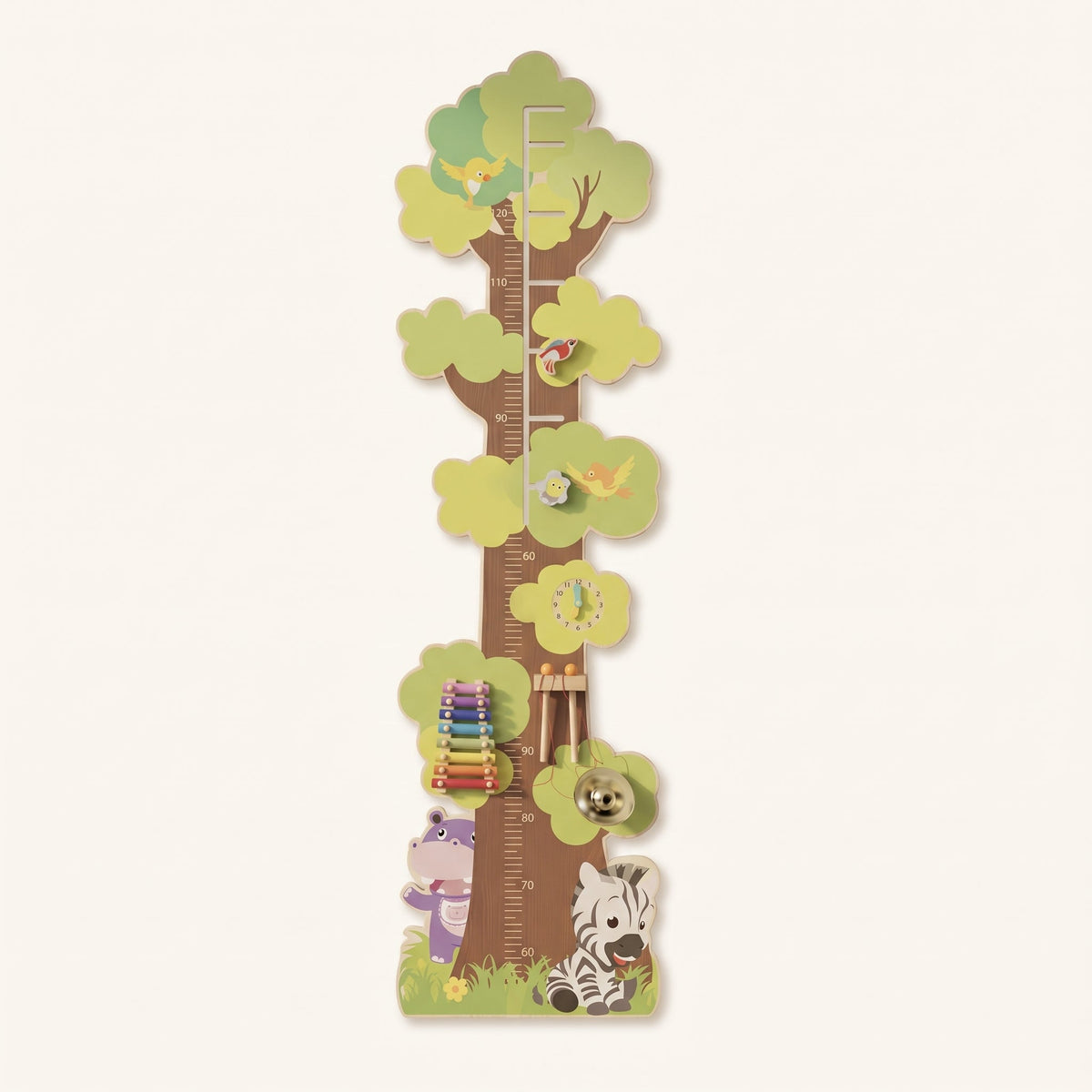 Toise murale arbre en bois vue en entier : xylophone, horloge, animaux et graduations