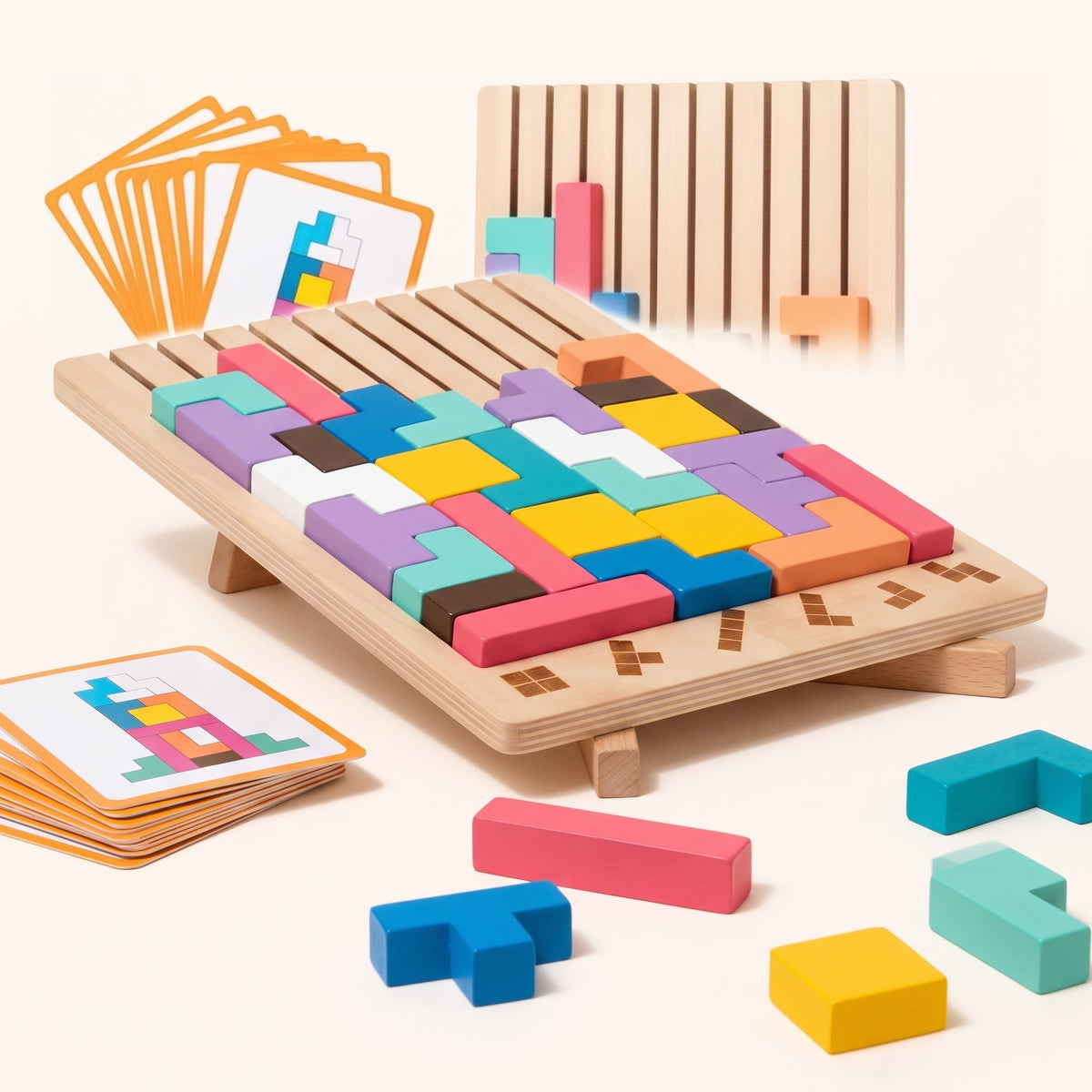 Tetris en bois incliné sur son support, cartes modèles et pièces colorées