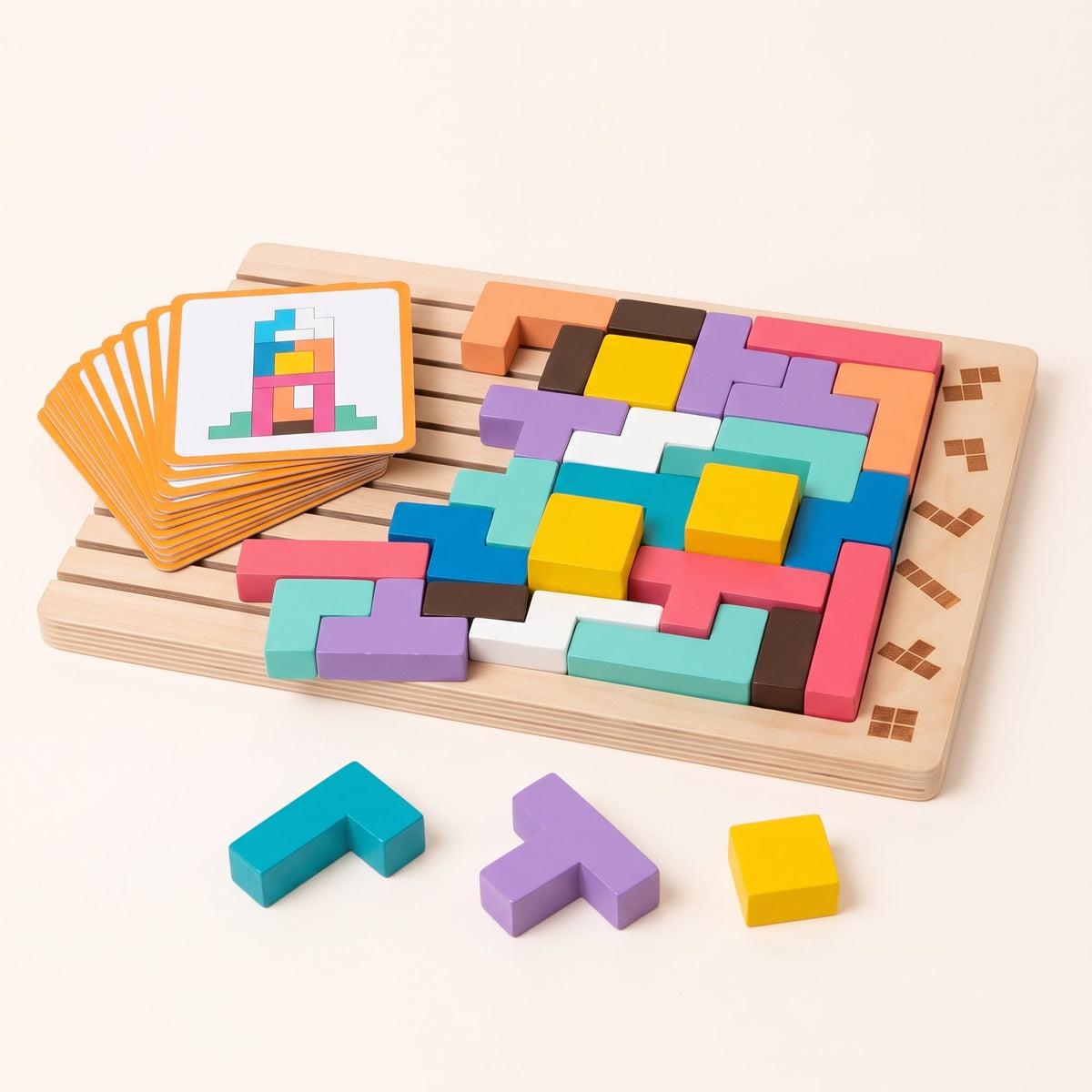Plateau du Tetris en bois rempli de pièces colorées, cartes défis à côté