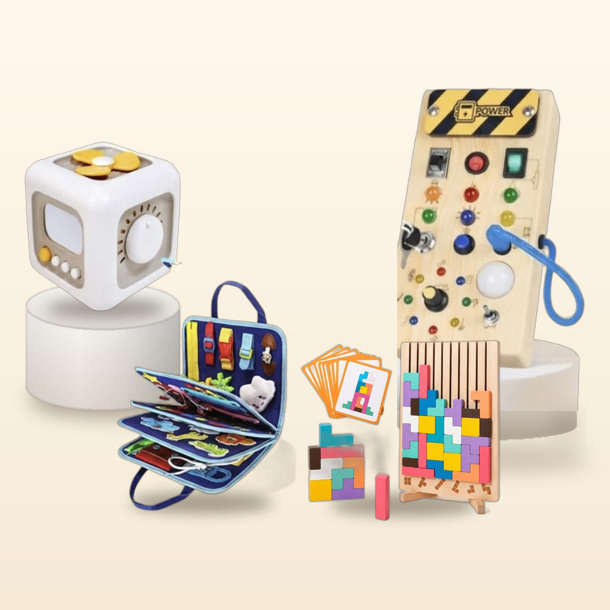 Le Cadeau Inoubliable : busy book bleu, tableau lumineux, Busy Cube et Tetris en bois