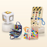 Le Cadeau Inoubliable : busy book bleu, tableau lumineux, Busy Cube et Tetris en bois