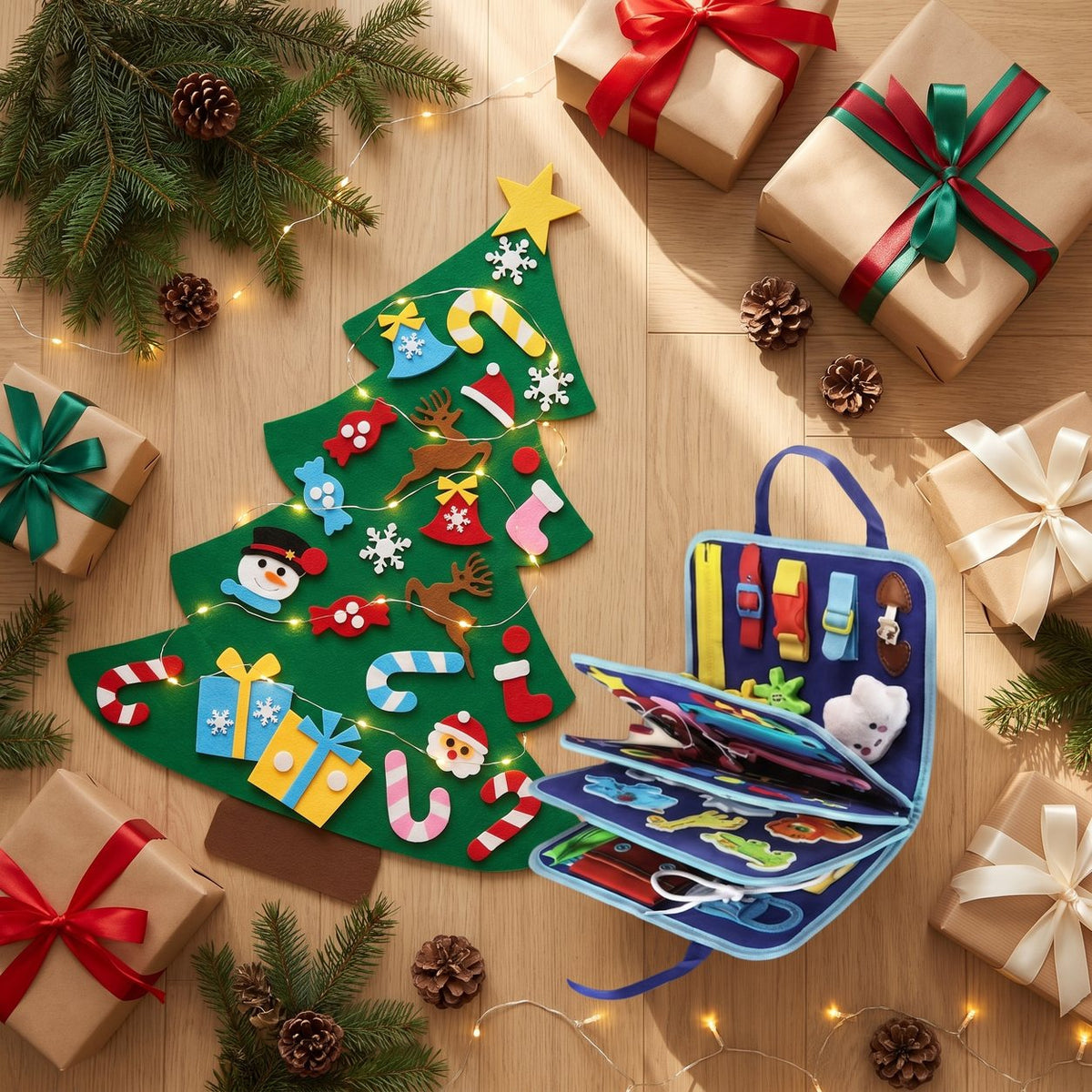 Sapin en feutrine et busy book bleu posés parmi les cadeaux de Noël