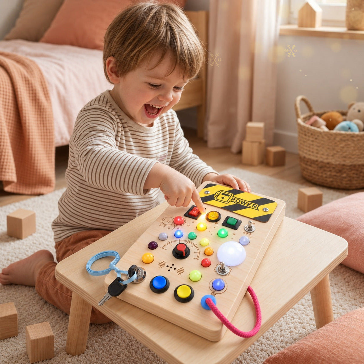 Enfant qui rit en allumant les lumières de la planche lumineuse