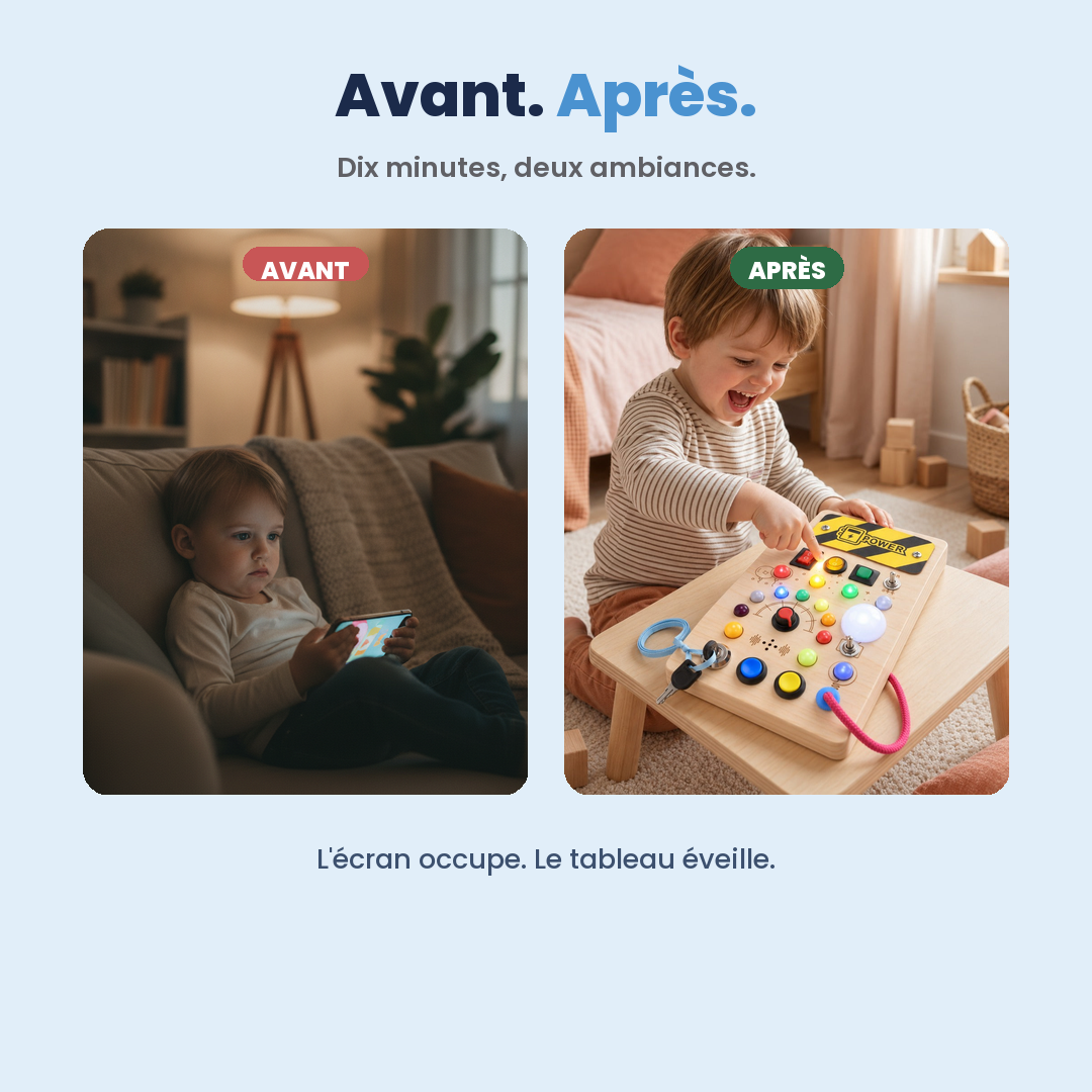 Enfant devant un écran, puis captivé par le tableau d'éveil lumineux