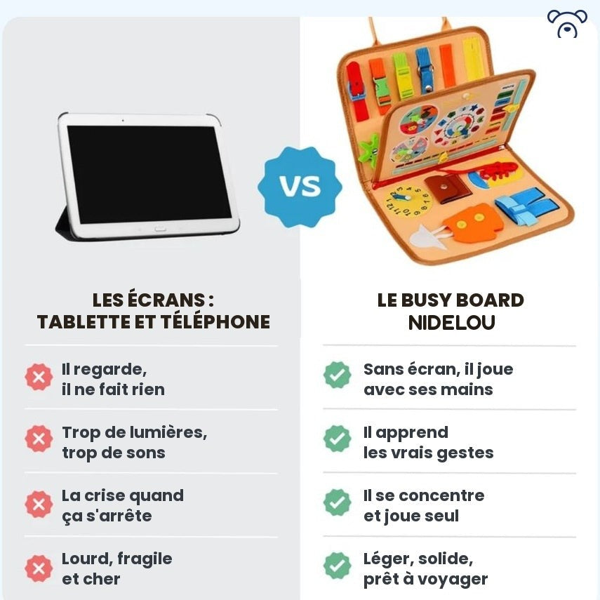 Comparatif entre une tablette et un busy board Montessori en feutre