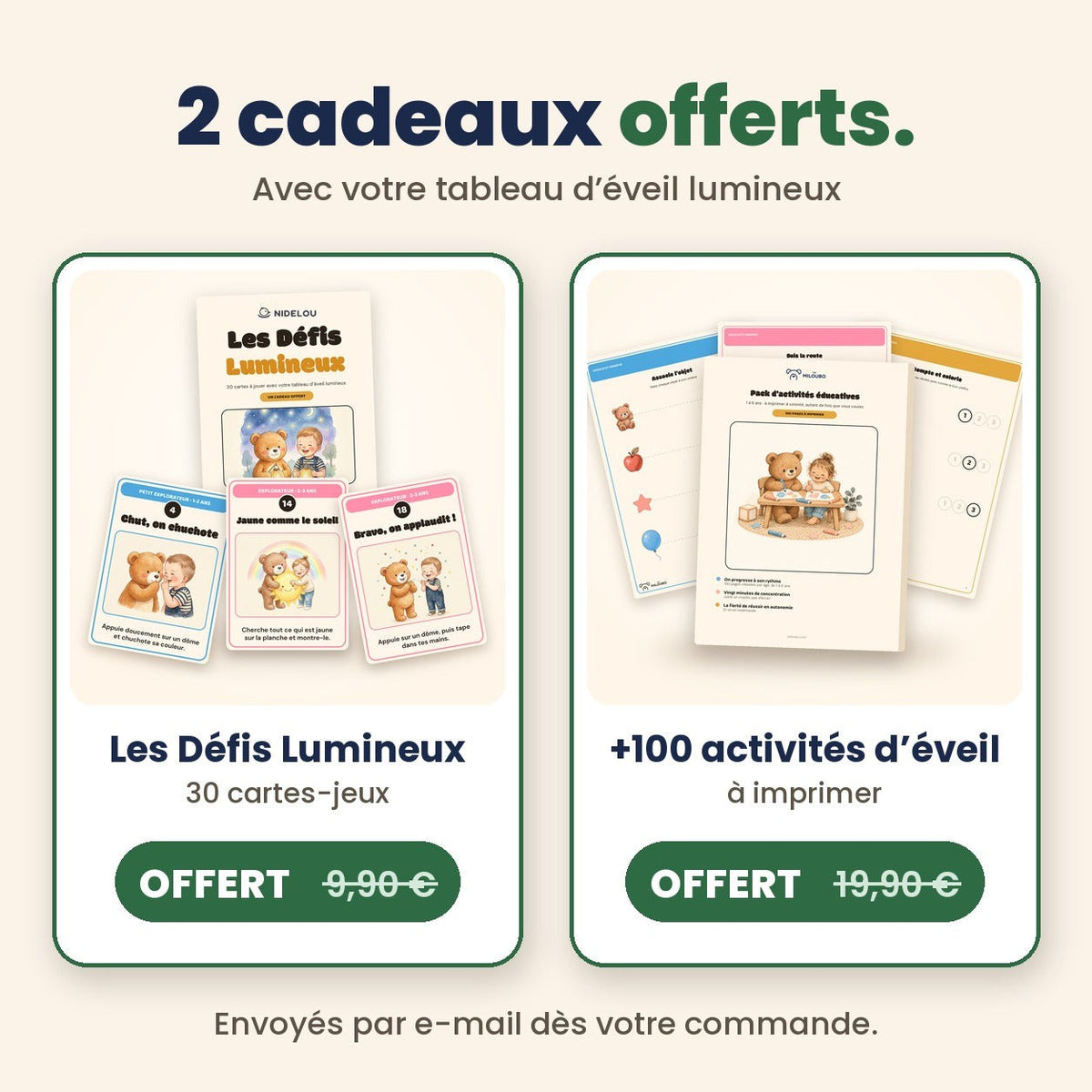 Deux cadeaux offerts avec le tableau lumineux : cartes Défis Lumineux et +100 activités d'éveil