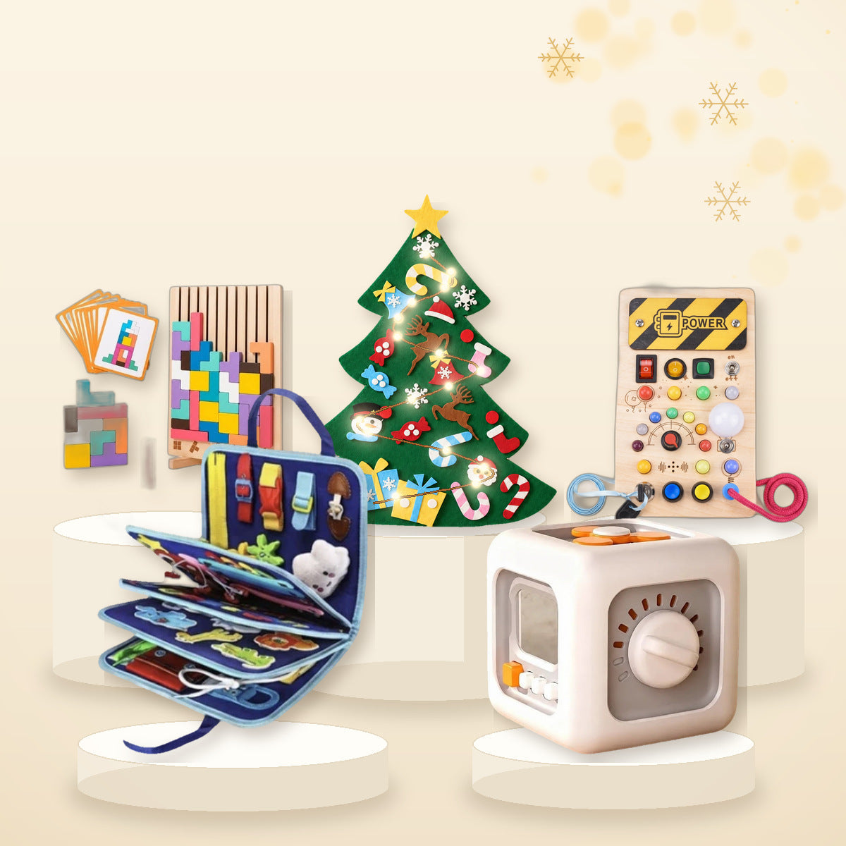 Coffret cadeau de Noël Nidelou : busy book, planche lumineuse, Busy Cube, Tetris et sapin en feutrine