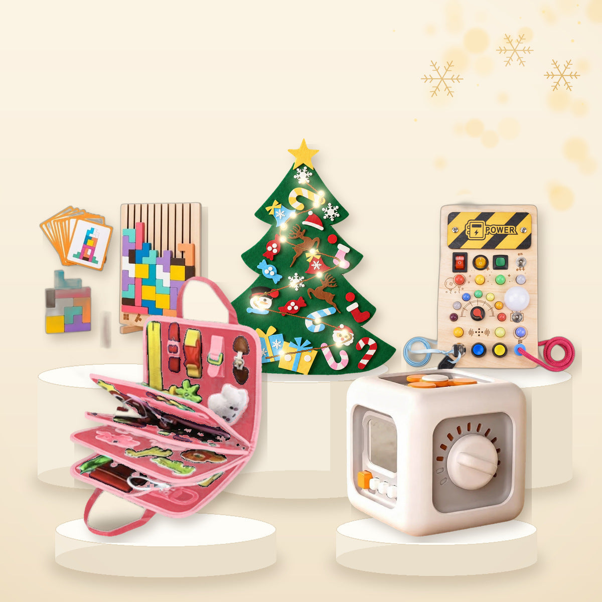 Coffret cadeau de Noël Nidelou version rose : busy book, planche lumineuse, Busy Cube, Tetris et sapin #rose