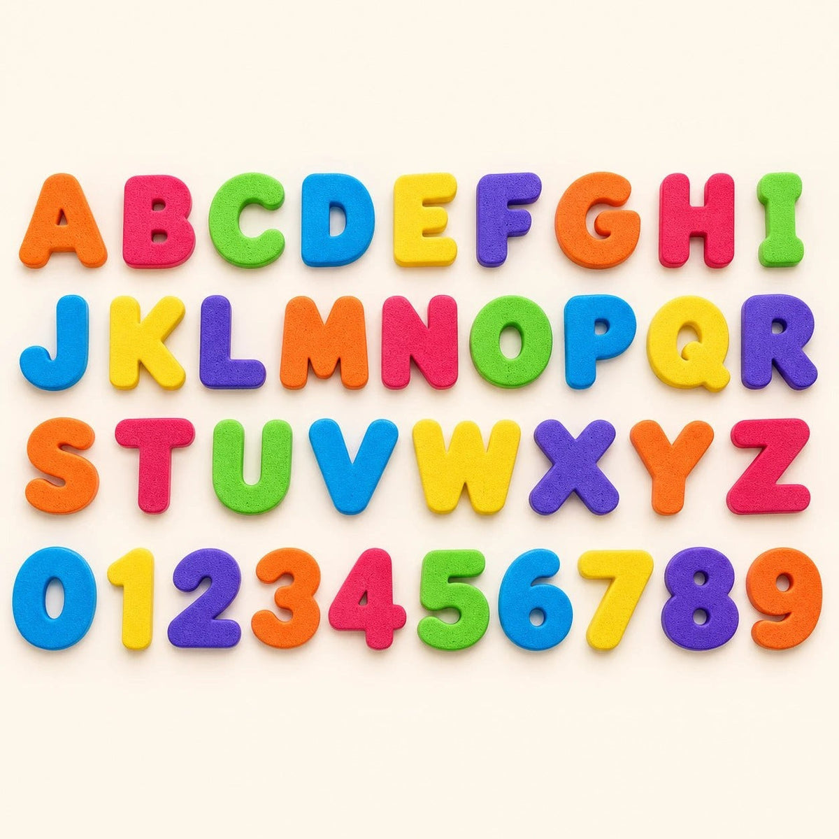 Lettres et chiffres de bain en mousse colorée, alphabet majuscule complet