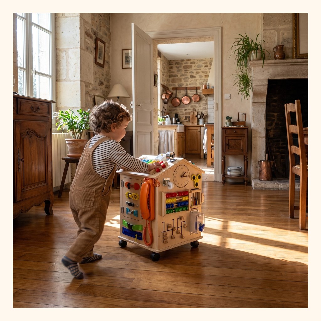 Enfant qui pousse la maison d'activités en bois sur ses roulettes