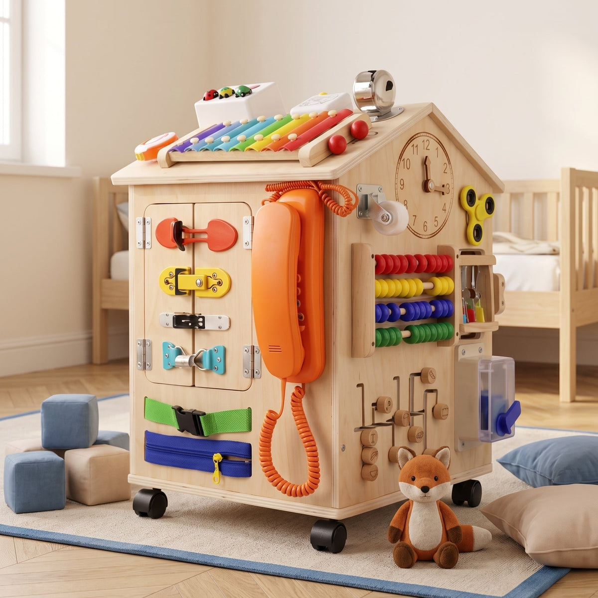 Maison d'activités Montessori à roulettes installée dans une chambre d'enfant