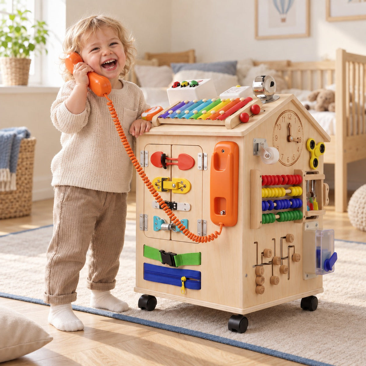 Enfant qui rit en décrochant le téléphone orange de la maison d'activités en bois