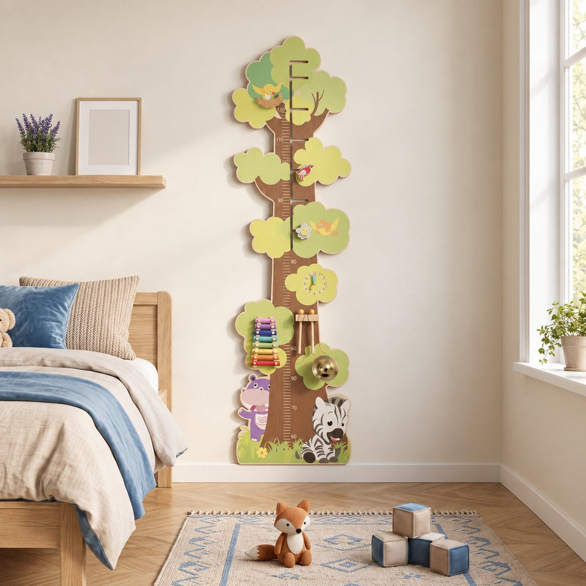 Toise murale en bois installée dans une chambre d'enfant