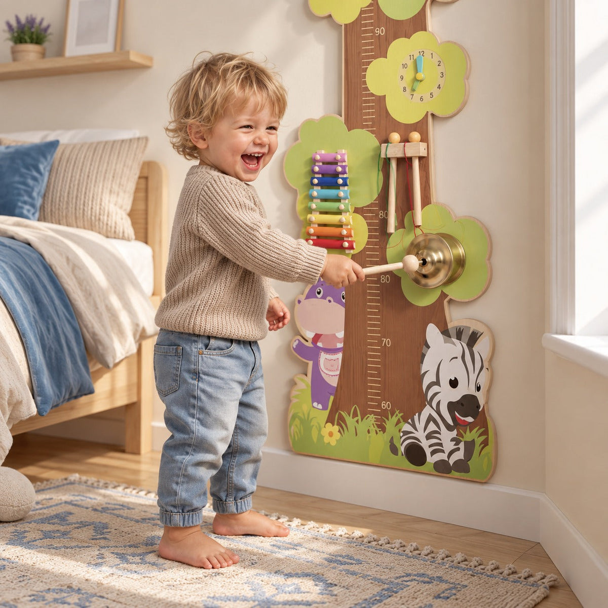 Enfant qui rit en faisant sonner la cloche de la toise murale en bois