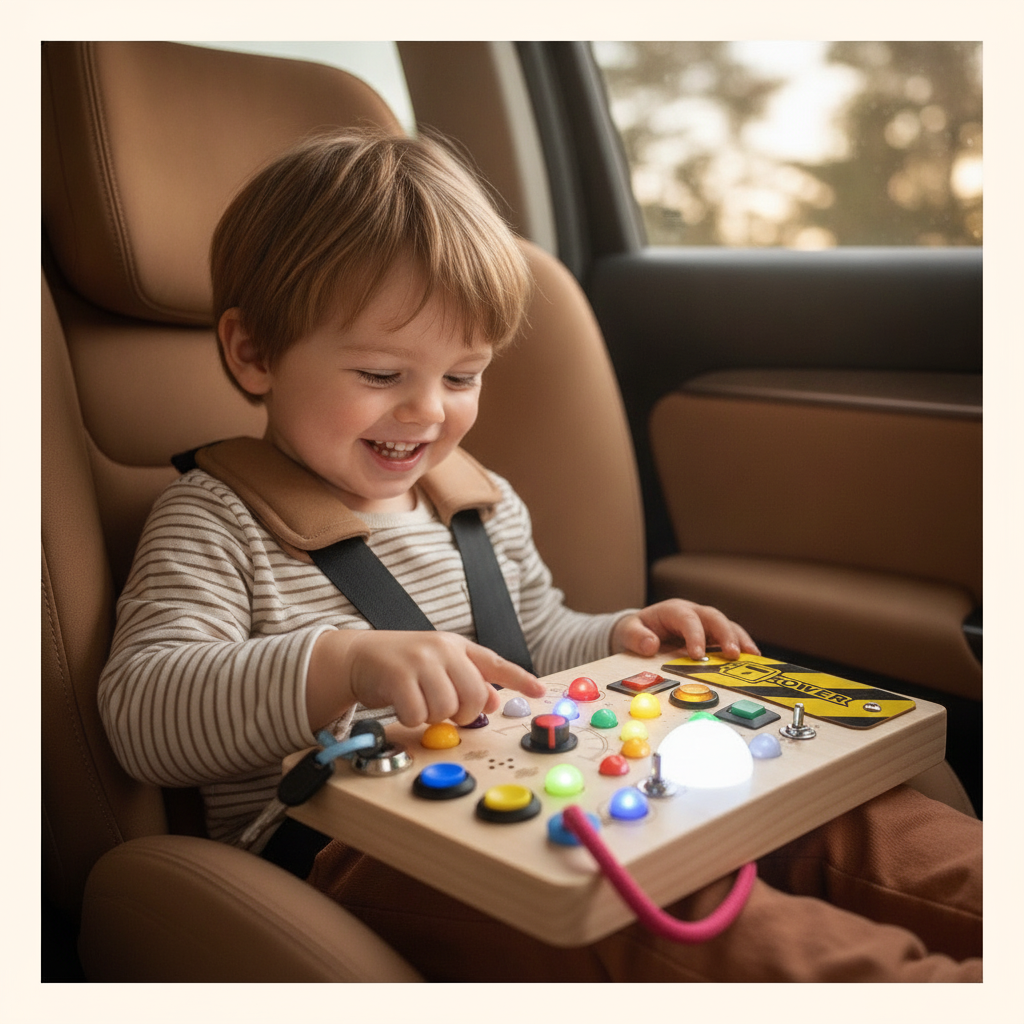 Enfant en siège auto qui joue avec le tableau lumineux pendant un trajet
