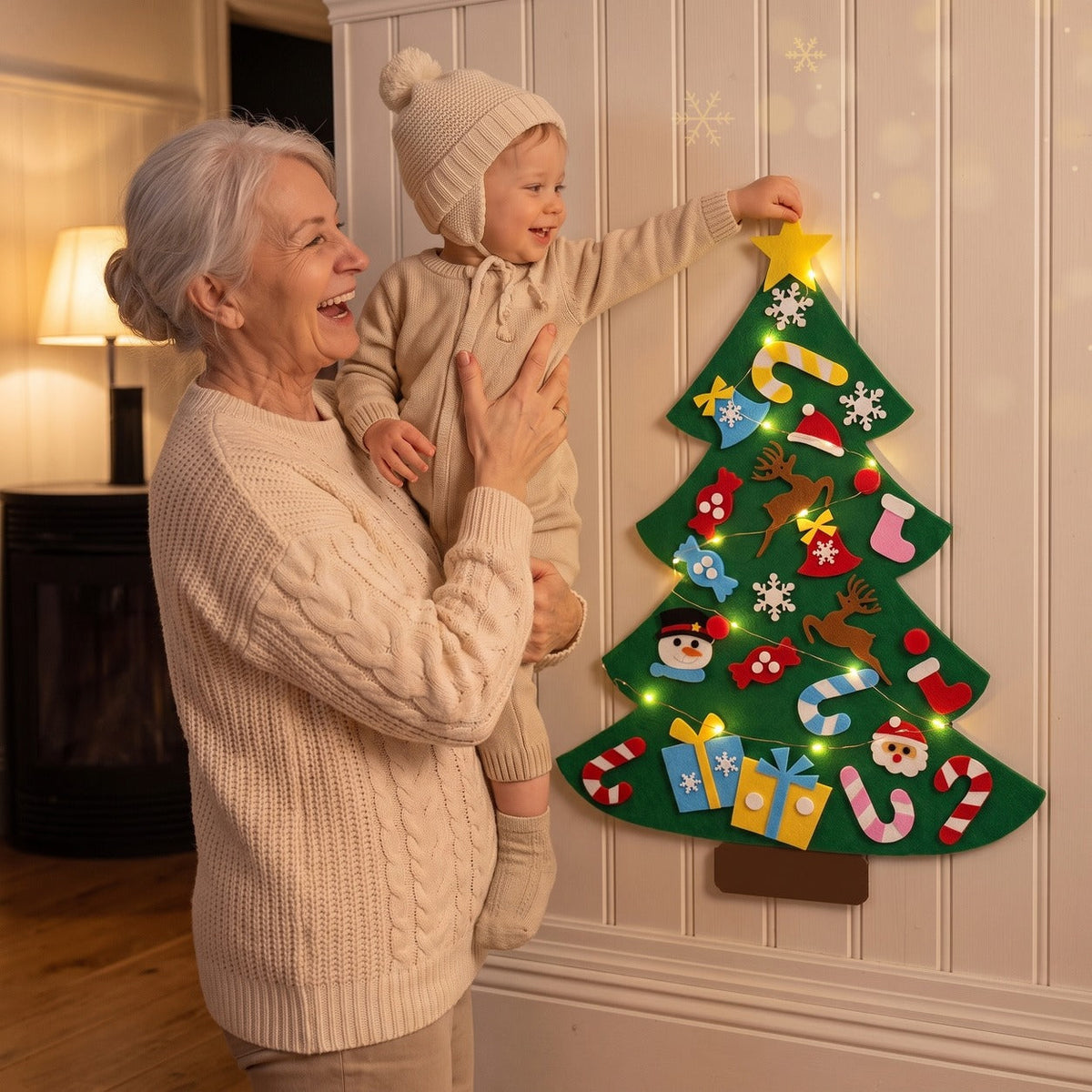 Grand-mère qui soulève son petit-enfant pour poser l'étoile sur le sapin en feutrine