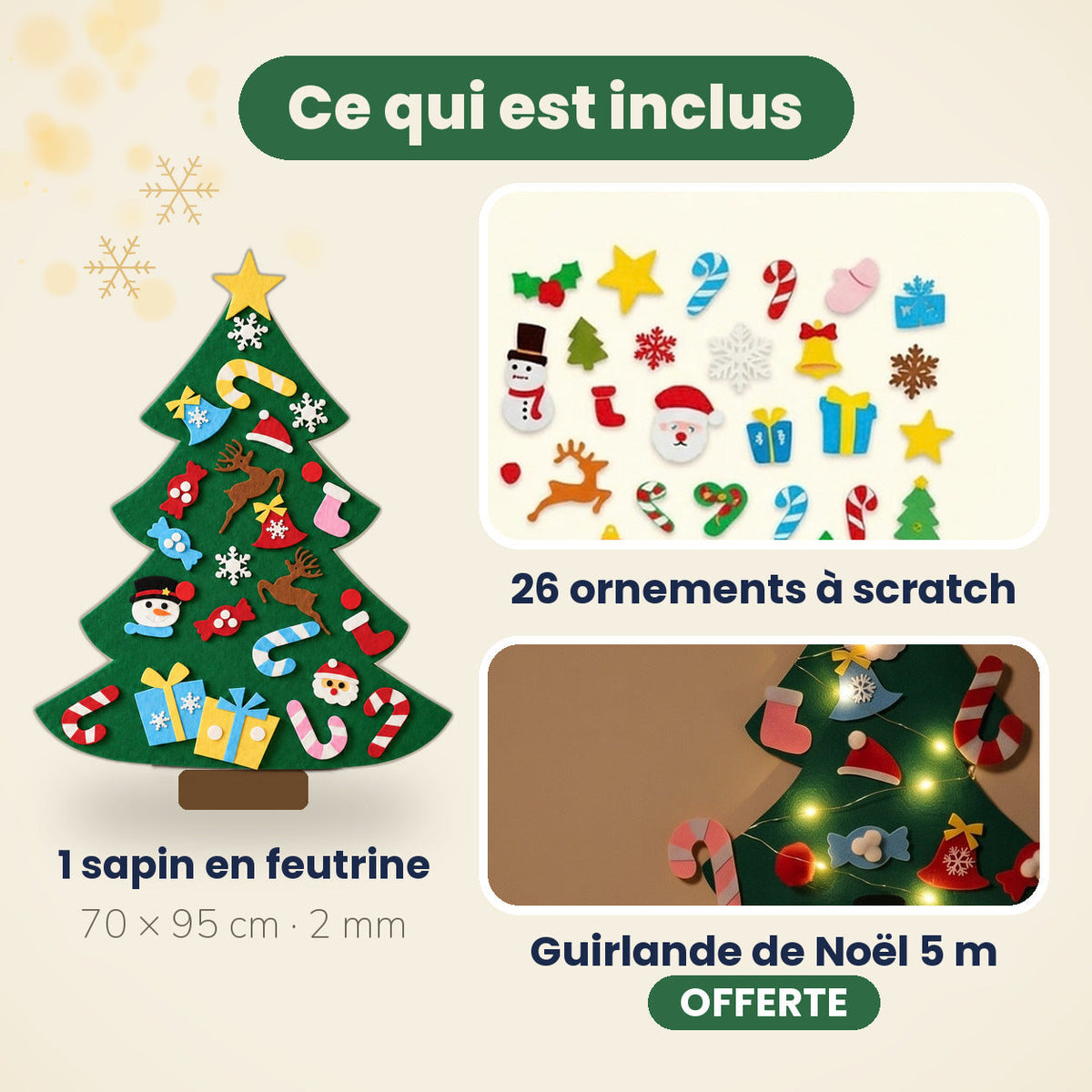 Contenu du sapin en feutrine : sapin 70 × 95 cm, 26 ornements à scratch et guirlande de 5 m