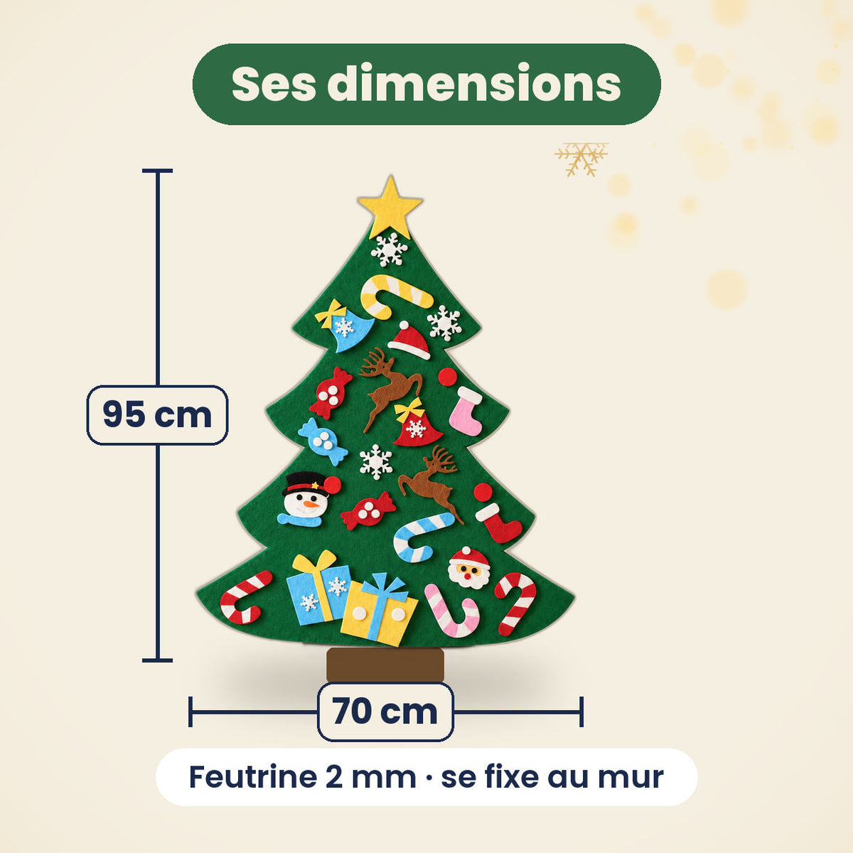 Dimensions du sapin en feutrine : 95 cm de haut, 70 cm de large, feutrine de 2 mm