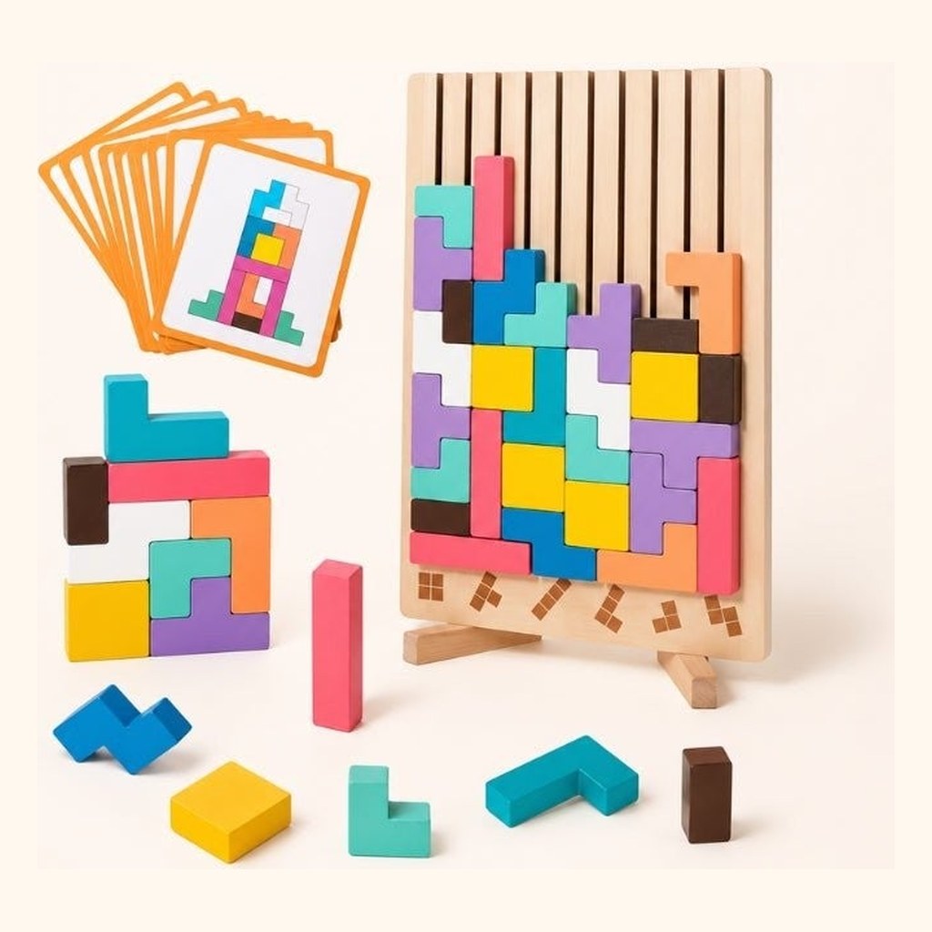 Tetris en bois Montessori : plateau, 42 pièces et cartes défis