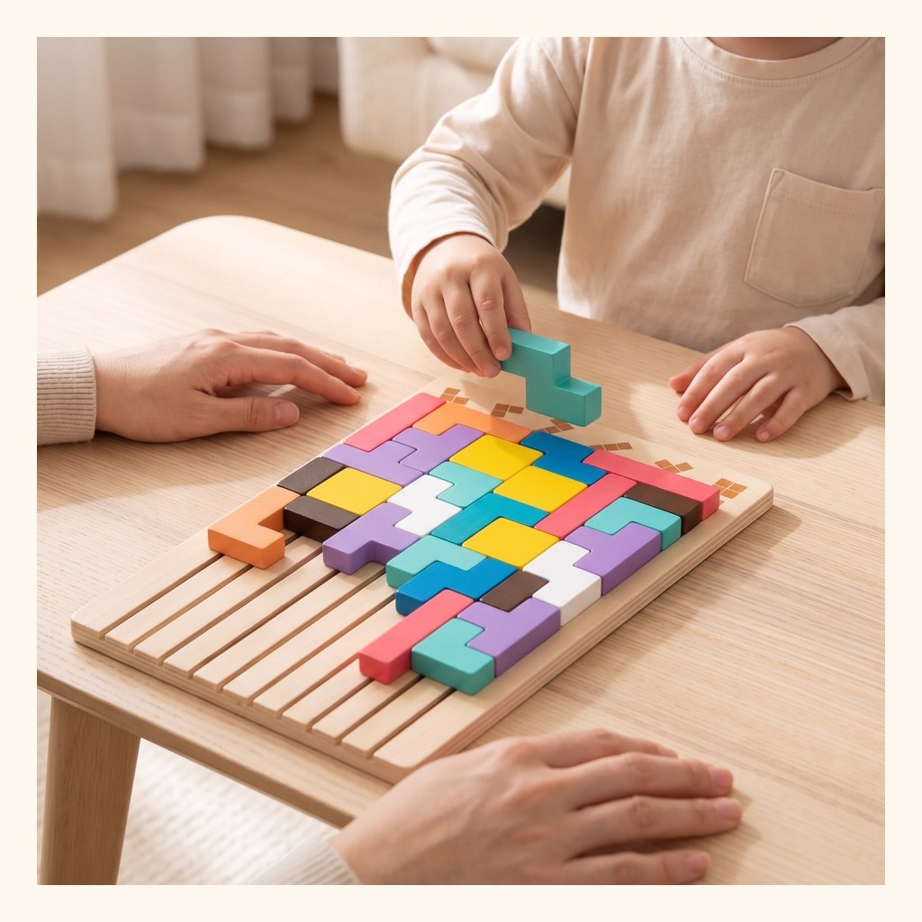 Enfant qui place une pièce dans le Tetris en bois Montessori