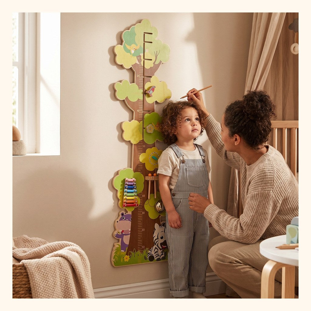 Parent qui mesure son enfant contre la toise murale en bois